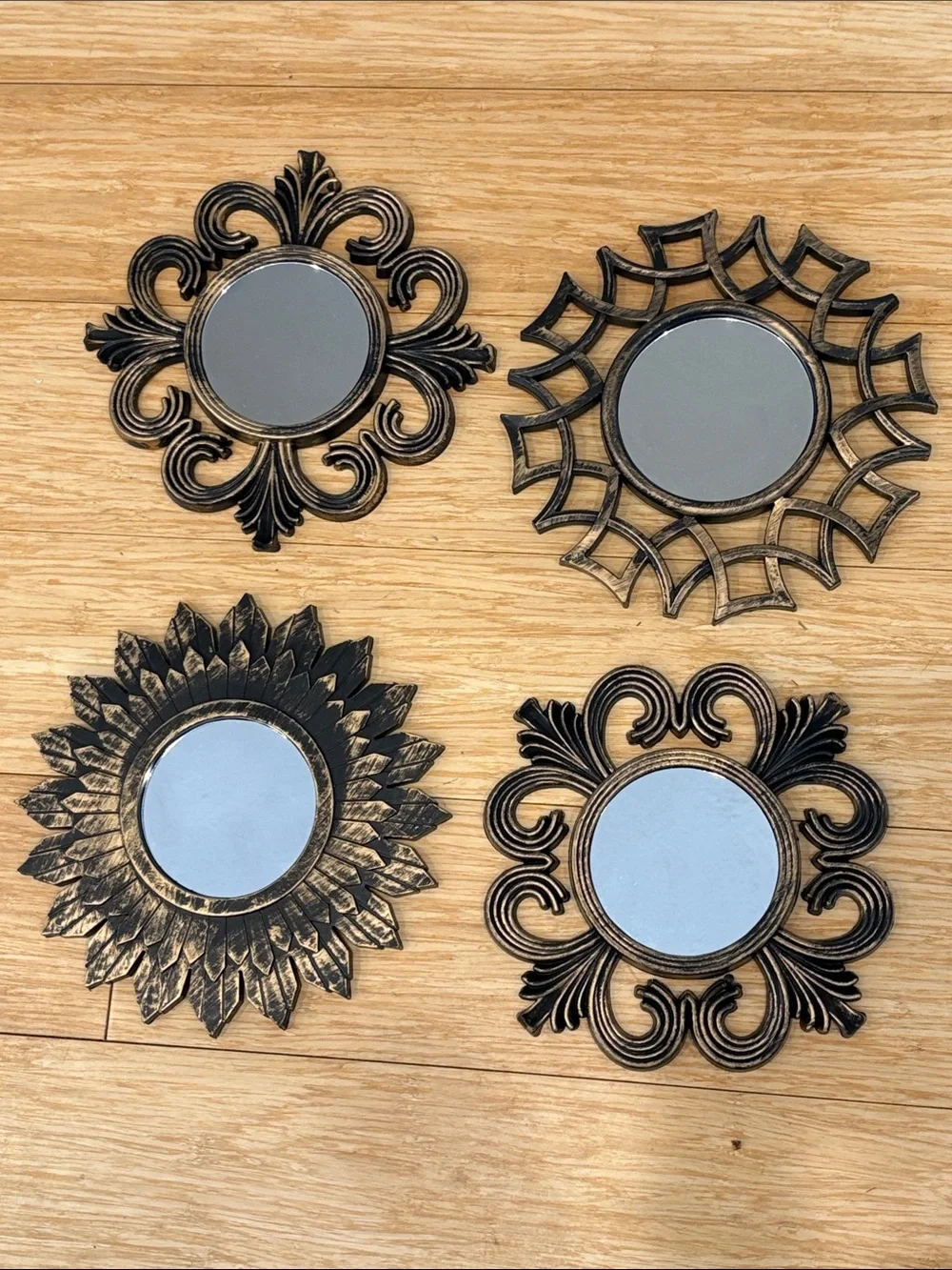 Decorative Sunburst Wall Mirrors - Plastic w/ Bronze Finish (Set of 4) - 9.5” W